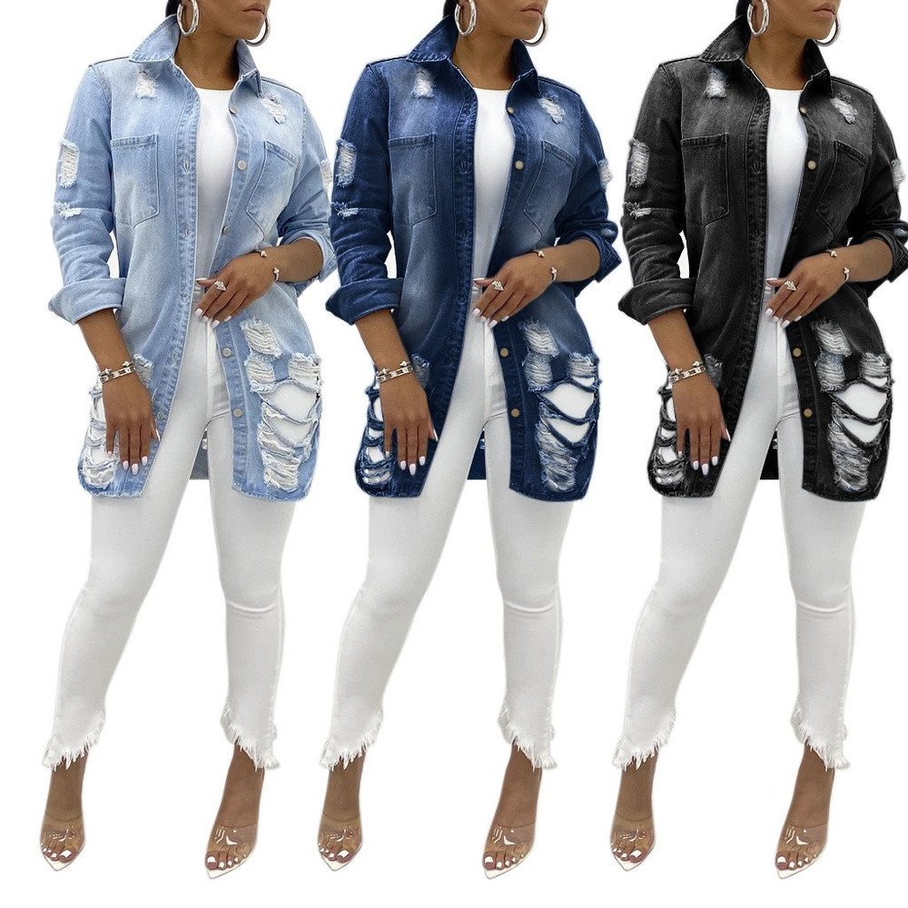 Casual Ripped Hole Long Denim Coat